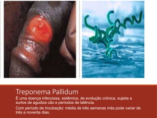 Treponema Pallidum 
É uma doença infecciosa, sistêmica, de evolução crônica, sujeita a 
surtos de agudiza cão e períodos de latência. 
Com período de Incubação: média de três semanas más pode variar de 
três a noventa dias. 
 