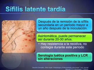 Sífilis latente precoz (temprana)CecchiniGonzalez, Silvia Ayala "Infectologia y Enfermedades Infecciosas" 1 ed. JournalManual CTO Infectología 7° Edición