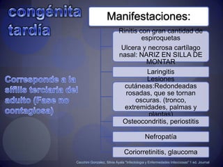 Riesgo de infección fetales mayor si el embarazo seproduce cercano a la primoinfección.MADRES CON SÍFILIS PRIMARIA Y SECUNDARIA: El 100% de los productos nacerá infectado o tendrá aborto prematuro.
