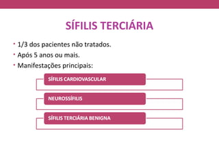 SÍFILIS TERCIÁRIA
• 1/3 dos pacientes não tratados.
• Após 5 anos ou mais.
• Manifestações principais:
 