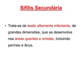 • Trata-se de lesão altamente infectante, de
grandes dimensões, que se desenvolve
nas áreas quentes e úmidas, incluindo
períneo e ânus.
Sífilis Secundária
 
