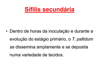 Sífilis secundária
• Dentro de horas da inoculação e durante a
evolução do estágio primário, o T. pallidum
se dissemina amplamente e se deposita
numa variedade de tecidos.
 