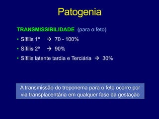 Patogenia
TRANSMISSIBILIDADE (para o feto)
• Sífilis 1ª  70 - 100%
• Sífilis 2ª  90%
• Sífilis latente tardia e Terciária  30%
A transmissão do treponema para o feto ocorre por
via transplacentária em qualquer fase da gestação
 