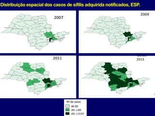 Distribuição espacial dos casos de sífilis adquirida notificados, ESP.
2013
 