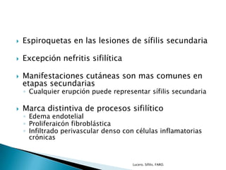  Espiroquetas en las lesiones de sífilis secundaria
 Excepción nefritis sifilítica
 Manifestaciones cutáneas son mas comunes en
etapas secundarias
◦ Cualquier erupción puede representar sífilis secundaria
 Marca distintiva de procesos sifilítico
◦ Edema endotelial
◦ Proliferaicón fibroblástica
◦ Infiltrado perivascular denso con células inflamatorias
crónicas
Lucero. Sífilis. FARO.
 
