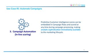 3.	
  	
  Campaign	
  Automa?on	
  	
  
(in-­‐line	
  scoring)	
  
Predic2ve	
  Customer	
  Intelligence	
  scores	
  can	
  be	
  
embedded	
  in	
  Campaign	
  ﬂows	
  and	
  scored	
  at	
  
any	
  2me	
  during	
  campaign	
  processing,	
  making	
  
analy?c	
  sophis?ca?on	
  immediately	
  available	
  
to	
  the	
  marke2ng	
  lifecycle.	
  	
  
Use Case #3: Automate Campaigns
16
 