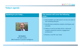 Today’s agenda
2
	
  
	
  
	
  
	
  
	
  
	
  
	
  
	
  
	
  
	
  
De	
  Dawkins	
  
NA	
  Sales	
  Leader	
  
IBM	
  Predic2ve	
  Customer	
  Intelligence	
  
	
  
	
  
	
  
	
  
Speaking to you today…
1. How	
  Analy2cs	
  can	
  add	
  value	
  to	
  six	
  key	
  use	
  cases	
  in	
  
the	
  marke2ng	
  lifecycle	
  
2. Iden2fy	
  basic	
  predic2ve	
  analy2cs	
  techniques	
  and	
  
concepts	
  
3. Deﬁne	
  an	
  end	
  to	
  end	
  data	
  driven,	
  advanced	
  
analy2cs	
  powered	
  customer	
  engagement	
  
architecture	
  
4. Review	
  a	
  real-­‐life	
  case	
  study	
  
	
  
This session will cover the following
areas…
 