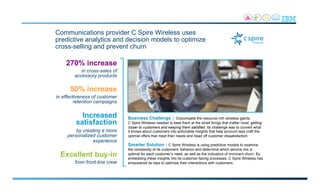 Communications provider C Spire Wireless uses
predictive analytics and decision models to optimize
cross-selling and prevent churn
Business Challenge ⏐ Outcompete the resource-rich wireless giants,
C Spire Wireless needed to beat them at the small things that matter most: getting
closer to customers and keeping them satisfied. Its challenge was to convert what
it knows about customers into actionable insights that help account reps craft the
optimal offers that meet their needs and head off customer dissatisfaction.
Smarter Solution ⏐ C Spire Wireless is using predictive models to examine
the complexity of its customers’ behavior and determine which service mix is
optimal for each customer’s need, as well as the indicators of imminent churn. By
embedding these insights into its customer-facing processes, C Spire Wireless has
empowered its reps to optimize their interactions with customers.
270% increase
in cross-sales of
accessory products
Increased
satisfaction
by creating a more
personalized customer
experience
50% increase
in effectiveness of customer
retention campaigns
Excellent buy-in
from front-line crew
 
