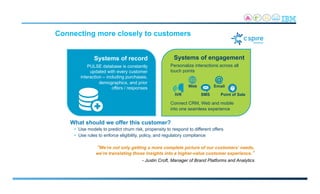 Connecting more closely to customers
What should we offer this customer?
•  Use models to predict churn risk, propensity to respond to different offers
•  Use rules to enforce eligibility, policy, and regulatory compliance
“We’re not only getting a more complete picture of our customers’ needs,
we’re translating those insights into a higher-value customer experience.”
- Justin Croft, Manager of Brand Platforms and Analytics
Systems of record
PULSE database is constantly
updated with every customer
interaction – including purchases,
demographics, and prior
offers / responses
Systems of engagement
Personalize interactions across all
touch points
Connect CRM, Web and mobile
into one seamless experience
Point of Sale
Web
IVR
Email
SMS
 