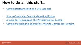 @crestodina
How to do all this stuff...
• Content Strategy Explained in 180 Seconds!
• How to Create Your Content Marketing Mission
• A Guide For Repurposing: The Periodic Table of Content
• Content Marketing Collaboration: 5 Ways to Upgrate Your Content
 