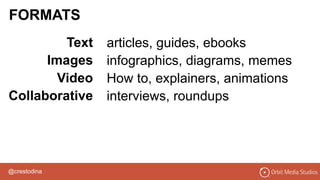 @crestodina
FORMATS
articles, guides, ebooks
infographics, diagrams, memes
How to, explainers, animations
interviews, roundups
Text
Images
Video
Collaborative
 