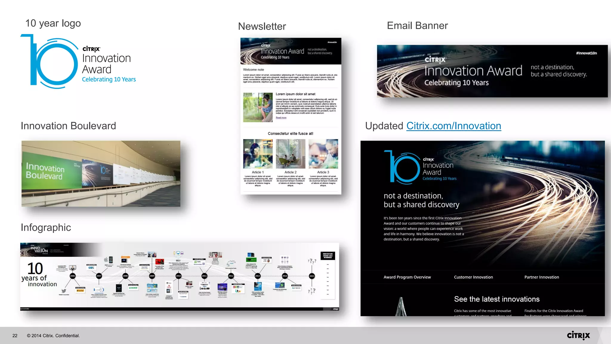 © 2014 Citrix. Confidential.22
10 year logo Email Banner
Infographic
Updated Citrix.com/Innovation
Newsletter
Innovation Boulevard
 
