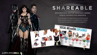 INFOGRAPHICS, MOTION GRAPHICS, MEMES,
VIDEOS, INTERACTIVE GRAPHICS.
This is the type of content that can go viral and gain
social mentions (good for branding & link building).
It can also be good for reputation management .
@Matt_Siltala
 