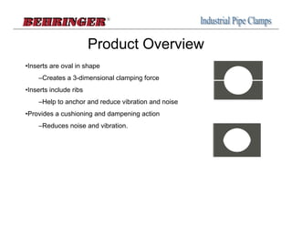 Product Overview
•Inserts are oval in shape
    –Creates a 3-dimensional clamping force
•Inserts include ribs
    –Help to anchor and reduce vibration and noise
•Provides a cushioning and dampening action
    –Reduces noise and vibration.
 