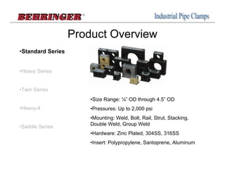 Product Overview
•Standard Series


•Heavy Series


•Twin Series
                       •Size Range: ¼” OD through 4.5” OD
•Heavy-4               •Pressures: Up to 2,000 psi
                       •Mounting: Weld, Bolt, Rail, Strut, Stacking,
                       Double Weld, Group Weld
•Saddle Series
                       •Hardware: Zinc Plated, 304SS, 316SS
                       •Insert: Polypropylene, Santoprene, Aluminum
 