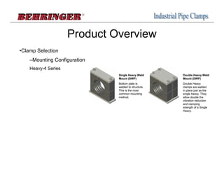 Product Overview
•Clamp Selection
    –Mounting Configuration
    Heavy-4 Series
                              Single Heavy Weld      Double Heavy Weld
                              Mount (SWP)            Mount (DWP)
                              Bottom plate is        Double Heavy
                              welded to structure.   clamps are welded
                              This is the most       in place just as the
                              common mounting        single heavy. They
                              method.                allow double the
                                                     vibration reduction
                                                     and clamping
                                                     strength of a Single
                                                     Heavy.
 