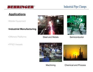 Applications

•Mobile Equipment


•Industrial Manufacturing


•Offshore Platforms         Steel and Metals       Semiconductor


•FPSO Vessels




                               Machining       Chemical and Process
 