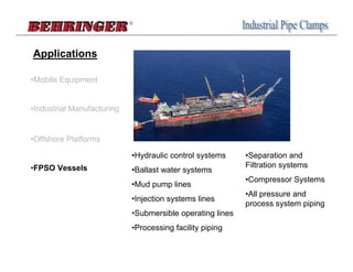 Applications

•Mobile Equipment


•Industrial Manufacturing


•Offshore Platforms

                            •Hydraulic control systems     •Separation and
•FPSO Vessels                                              Filtration systems
                            •Ballast water systems
                                                           •Compressor Systems
                            •Mud pump lines
                                                           •All pressure and
                            •Injection systems lines
                                                           process system piping
                            •Submersible operating lines
                            •Processing facility piping
 
