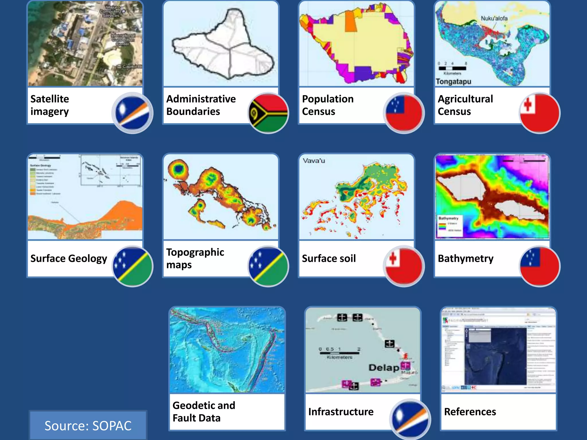 Satellite          Administrative   Population        Agricultural
imagery            Boundaries       Census            Census




                   Topographic
Surface Geology                     Surface soil      Bathymetry
                   maps




                    Geodetic and
                                     Infrastructure    References
                    Fault Data
   Source: SOPAC
 