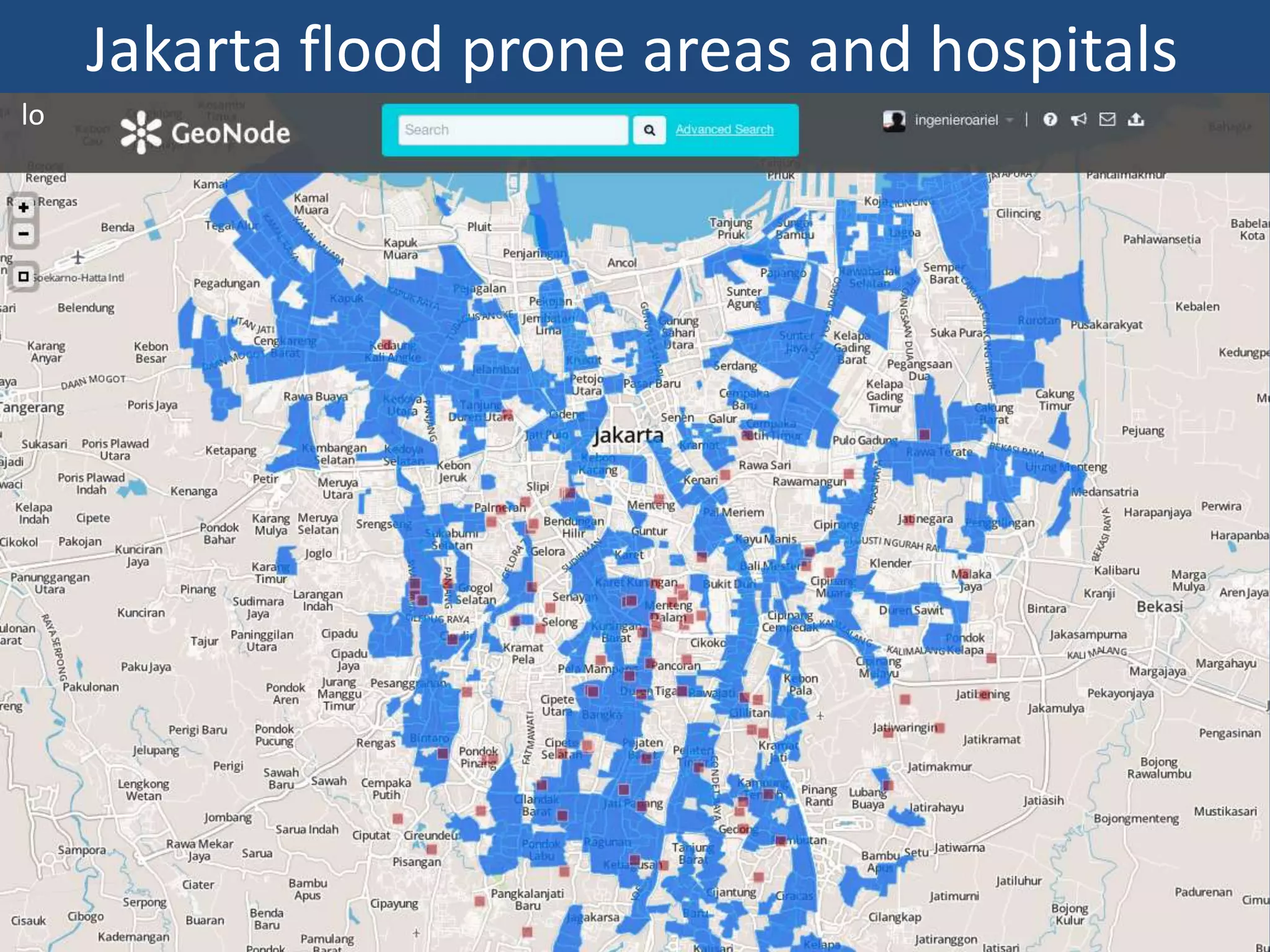 Jakarta flood prone areas and hospitals
lo
 