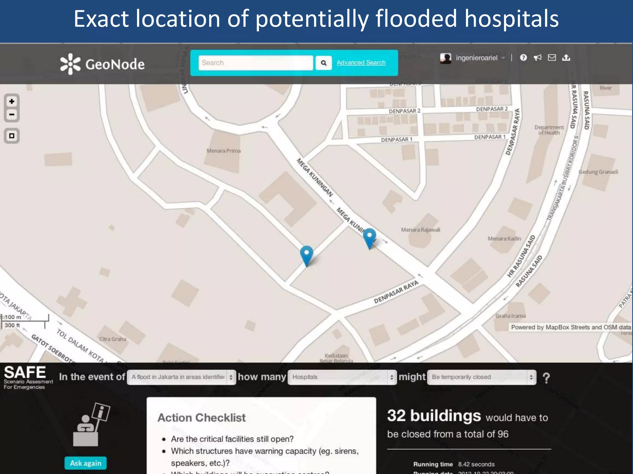 Exact location of potentially flooded hospitals
 