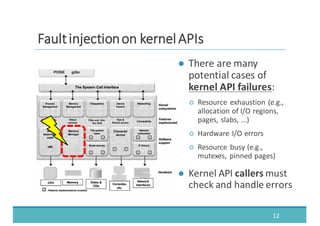 ● There	
  are	
  many	
  
potential	
  cases	
  of	
  
kernel	
  API	
  failures:
○ Resource	
   exhaustion	
  (e.g.,	
  
allocation	
  of	
  I/O	
  regions,	
  
pages,	
  slabs,	
  ...)
○ Hardware	
  I/O	
  errors
○ Resource	
   busy	
  (e.g.,	
  
mutexes,	
   pinned	
  pages)
● Kernel	
  API	
  callers must	
  
check	
  and	
  handle	
  errors
12
FFaauulltt	
  	
  iinnjjeeccttiioonn	
  	
  oonn	
  	
  kkeerrnneell	
  	
  AAPPIIss
 