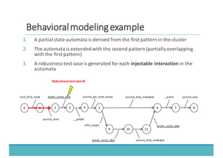 BBeehhaavviioorraall	
  	
  mmooddeelliinngg	
  	
  eexxaammppllee
0 1
ext3_dirty_inode
2 5 6 7 8
9 10 11
journal_start
journal_dirty_metadata
alloc_pages
kmem_cache_alloc journal_dirty_metadata
kmem_cache_alloc
__brelse journal_stop
3 4
kmem_cache_alloc
__getblk
journal_get_write_access
Robustness	
  test	
  case	
  #1
1. A	
  partial	
  state	
  automata	
  is	
  derived	
  from	
  the	
  first	
  pattern	
  in	
  the	
  cluster
2. The	
  automata	
  is	
  extended	
  with	
  the	
  second	
  pattern	
  (partially	
  overlapping	
  
with	
  the	
  first	
  pattern)
3. A	
  robustness	
  test	
  case	
  is	
  generated	
  for	
  each	
  injectable	
  interaction in	
  the	
  
automata
 