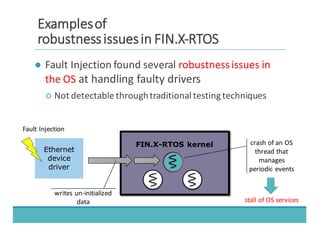 FIN.X-RTOS kernel
● Fault	
  Injection	
  found	
  several	
  robustness	
  issues	
  in	
  
the	
  OS	
  at	
  handling	
  faulty	
  drivers
○ Not	
  detectable	
  through	
  traditional	
  testing	
  techniques
Ethernet
device
driver
crash	
  of	
  an	
  OS	
  
thread	
  that	
  
manages	
  
periodic	
  events
Fault	
  Injection
stall	
  of	
  OS	
  services
writes	
  un-­‐initialized	
  
data
EExxaammpplleess	
  	
  ooff
rroobbuussttnneessss	
  	
  iissssuueess	
  	
  iinn	
  	
  FFIINN..XX-­‐-­‐RRTTOOSS
 