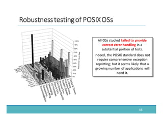 46
RRoobbuussttnneessss	
  	
  tteessttiinngg	
  	
  ooff	
  	
  PPOOSSIIXX	
  	
  OOSSss
All	
  OSs	
  studied	
  failed	
  to	
  provide	
  
correct	
  error	
  handling	
  in	
  a	
  
substantial	
  portion	
  of	
  tests.
Indeed,	
  the	
  POSIX	
  standard	
  does	
  not	
  
require	
  comprehensive	
  exception	
  
reporting;	
  but	
  it	
  seems	
  likely	
  that	
  a	
  
growing	
  number	
  of	
  applications	
   will	
  
need	
  it.
 