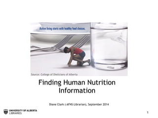 Source: College of Dieticians of Alberta 
Finding Human Nutrition 
Information 
! 
Diane Clark ( AFNS Librarian), September 2014 
1 
 