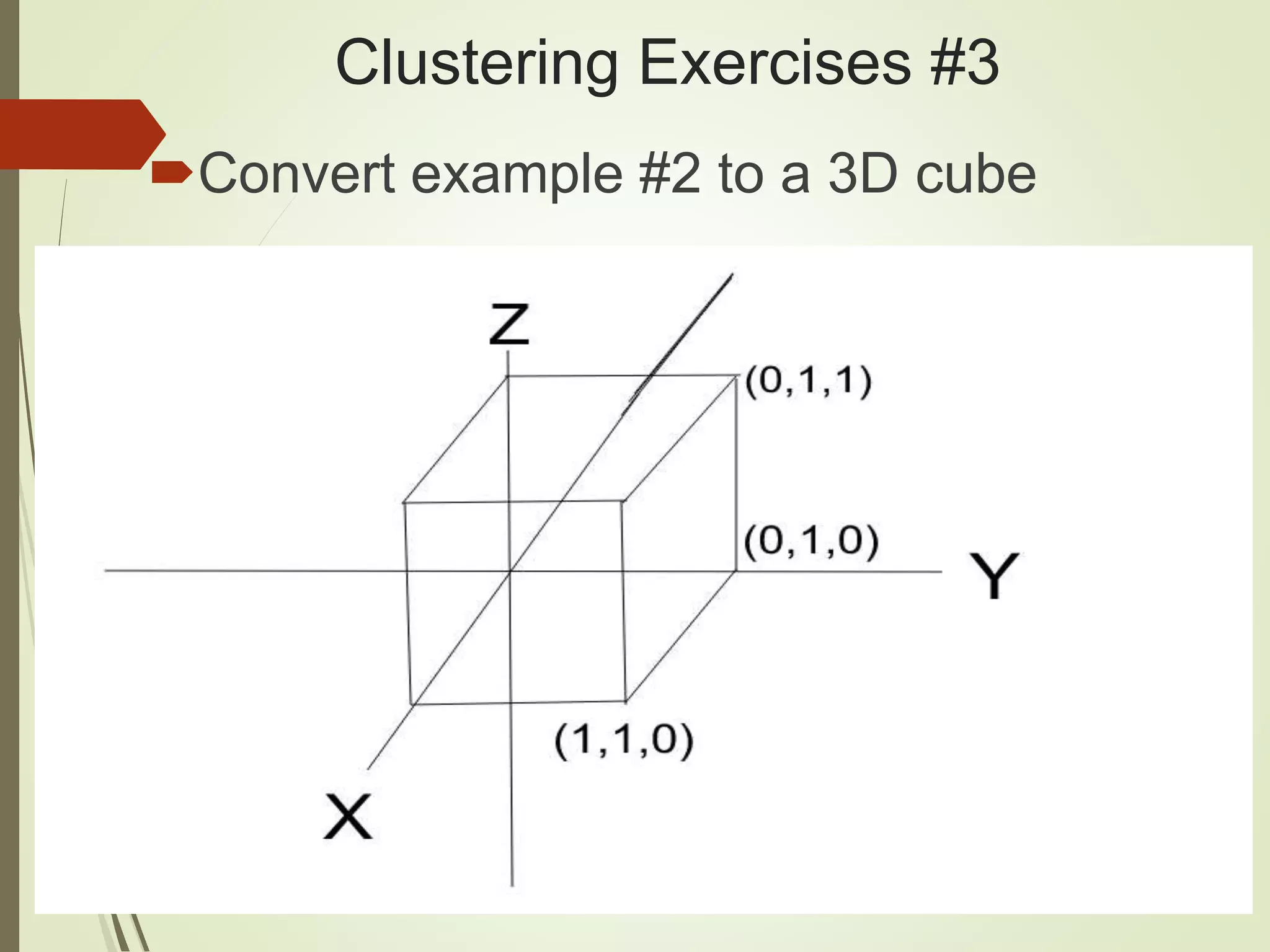 Clustering Exercises #3
Convert example #2 to a 3D cube
 