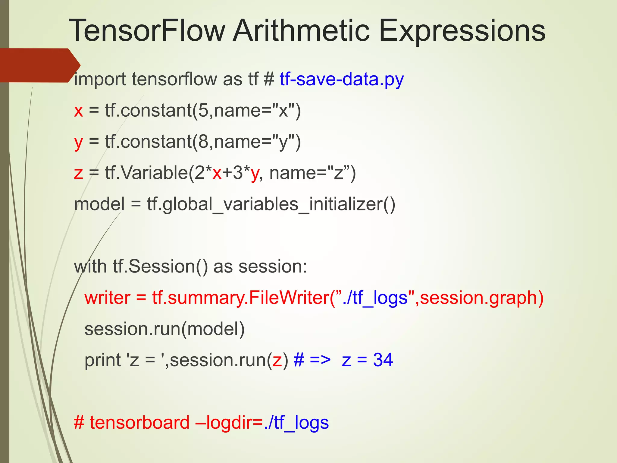 TensorFlow Arithmetic Expressions
import tensorflow as tf # tf-save-data.py
x = tf.constant(5,name="x")
y = tf.constant(8,name="y")
z = tf.Variable(2*x+3*y, name="z”)
model = tf.global_variables_initializer()
with tf.Session() as session:
writer = tf.summary.FileWriter(”./tf_logs",session.graph)
session.run(model)
print 'z = ',session.run(z) # => z = 34
# tensorboard –logdir=./tf_logs
 