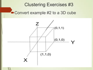 Clustering Exercises #3
Convert example #2 to a 3D cube
 