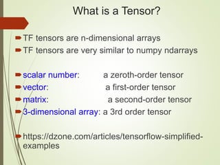 What is a Tensor?
TF tensors are n-dimensional arrays
TF tensors are very similar to numpy ndarrays
scalar number: a zeroth-order tensor
vector: a first-order tensor
matrix: a second-order tensor
3-dimensional array: a 3rd order tensor
https://dzone.com/articles/tensorflow-simplified-
examples
 