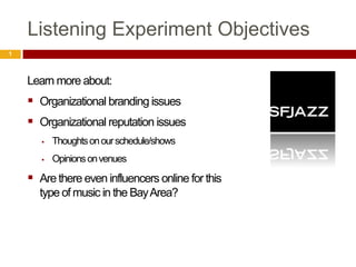 Listening Experiment Objectives Learn more about: Organizational branding issues Organizational reputation issues ,[object Object]