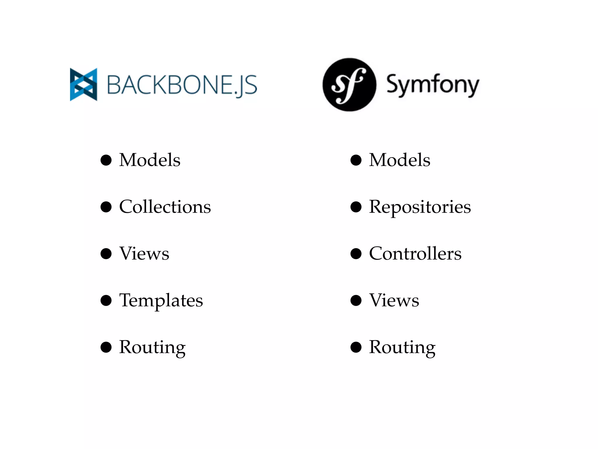 • Models        • Models
• Collections   • Repositories
• Views         • Controllers
• Templates     • Views
• Routing       • Routing
 