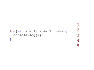 1
for(var i = 1; i <= 5; i++) {   2
  console.log(i);               3
}
                                4
                                5
 