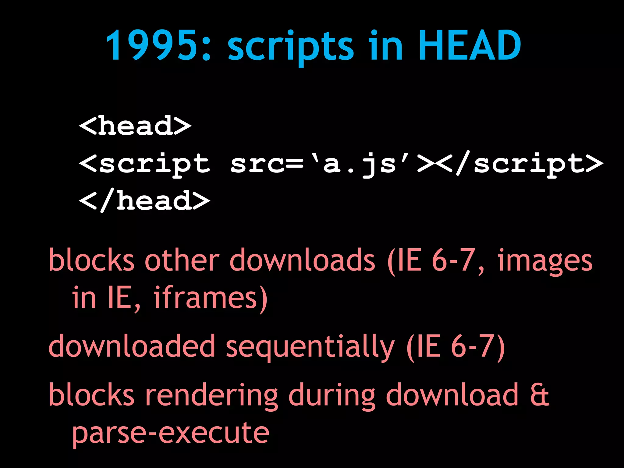 1995: scripts in HEAD
  <head>
  <script src=‘a.js’></script>
  </head>
blocks other downloads (IE 6-7, images
  in IE, iframes)
downloaded sequentially (IE 6-7)
blocks rendering during download &
  parse-execute
 