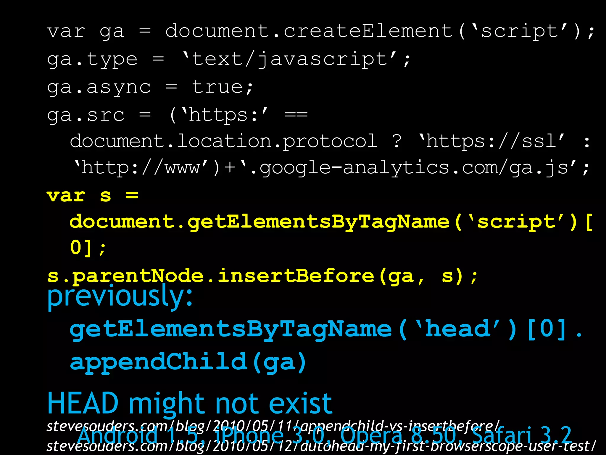 var ga = document.createElement(‘script’);
ga.type = ‘text/javascript’;
ga.async = true;
ga.src = (‘https:’ ==
  document.location.protocol ? ‘https://ssl’ :
  ‘http://www’)+‘.google-analytics.com/ga.js’;
var s =
  document.getElementsByTagName(‘script’)[
  0];
s.parentNode.insertBefore(ga, s);
previously:
   getElementsByTagName(‘head’)[0].
   appendChild(ga)
HEAD might not exist
stevesouders.com/blog/2010/05/11/appendchild-vs-insertbefore/
    Android 1.5, iPhone 3.0, Opera 8.50, Safari 3.2
stevesouders.com/blog/2010/05/12/autohead-my-first-browserscope-user-test/
 
