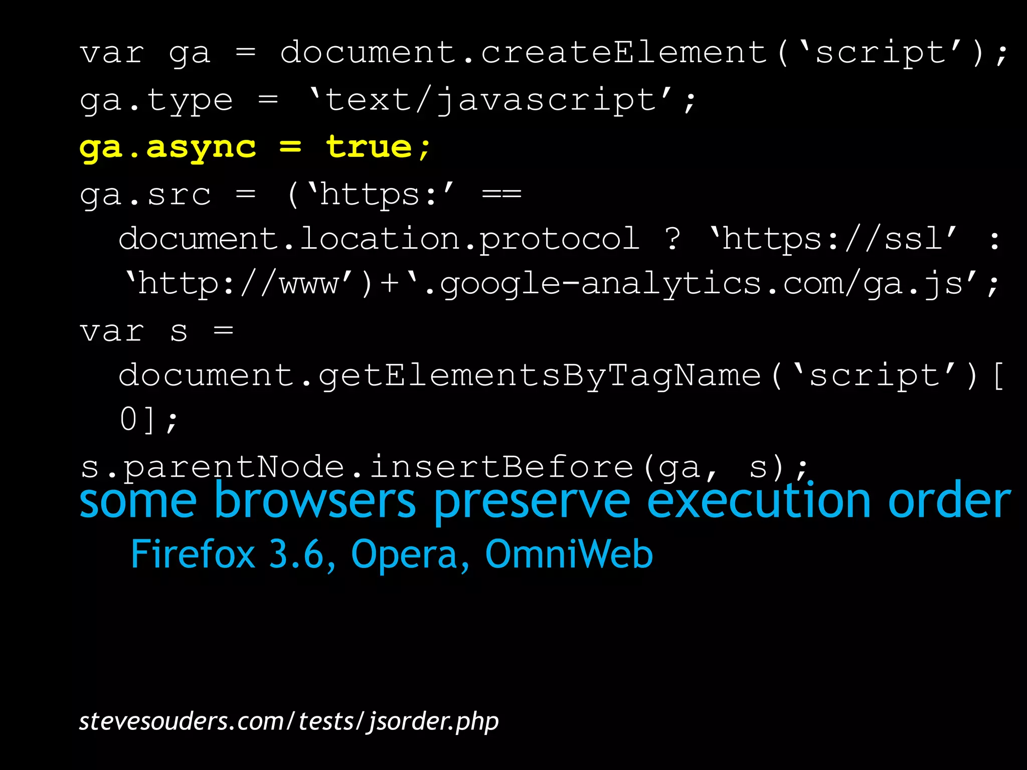 var ga = document.createElement(‘script’);
ga.type = ‘text/javascript’;
ga.async = true;
ga.src = (‘https:’ ==
  document.location.protocol ? ‘https://ssl’ :
  ‘http://www’)+‘.google-analytics.com/ga.js’;
var s =
  document.getElementsByTagName(‘script’)[
  0];
s.parentNode.insertBefore(ga, s);
some browsers preserve execution order
    Firefox 3.6, Opera, OmniWeb



stevesouders.com/tests/jsorder.php
 