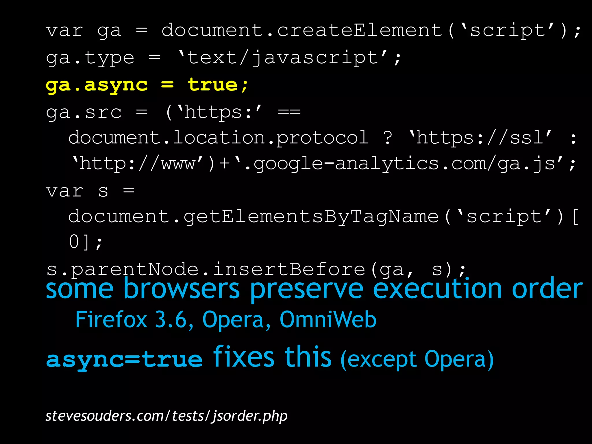 var ga = document.createElement(‘script’);
ga.type = ‘text/javascript’;
ga.async = true;
ga.src = (‘https:’ ==
  document.location.protocol ? ‘https://ssl’ :
  ‘http://www’)+‘.google-analytics.com/ga.js’;
var s =
  document.getElementsByTagName(‘script’)[
  0];
s.parentNode.insertBefore(ga, s);
some browsers preserve execution order
    Firefox 3.6, Opera, OmniWeb
async=true fixes this (except Opera)

stevesouders.com/tests/jsorder.php
 