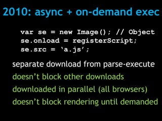 2010: async + on-demand exec
   var se = new Image(); // Object
   se.onload = registerScript;
   se.src = ‘a.js’;

 separate download from parse-execute
 doesn’t block other downloads
 downloaded in parallel (all browsers)
 doesn’t block rendering until demanded
 