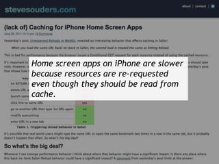 Home screen apps on iPhone are slower
because resources are re-requested
even though they should be read from
cache.
 