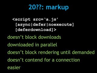 20??: markup
  <script src=‘a.js’
   [async|defer|noexecute]
   [deferdownload]>
doesn’t block downloads
downloaded in parallel
doesn’t block rendering until demanded
doesn’t contend for a connection
easier
 