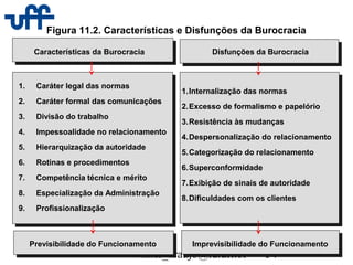 walter_araujo@id.uff.br 54
Figura 11.2. Características e Disfunções da Burocracia
Características da Burocracia Disfunções da Burocracia
1. Caráter legal das normas
2. Caráter formal das comunicações
3. Divisão do trabalho
4. Impessoalidade no relacionamento
5. Hierarquização da autoridade
6. Rotinas e procedimentos
7. Competência técnica e mérito
8. Especialização da Administração
9. Profissionalização
1.Internalização das normas
2.Excesso de formalismo e papelório
3.Resistência às mudanças
4.Despersonalização do relacionamento
5.Categorização do relacionamento
6.Superconformidade
7.Exibição de sinais de autoridade
8.Dificuldades com os clientes
Previsibilidade do Funcionamento Imprevisibilidade do Funcionamento
 