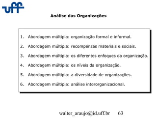 walter_araujo@id.uff.br 63
Análise das Organizações
1. Abordagem múltipla: organização formal e informal.
2. Abordagem múltipla: recompensas materiais e sociais.
3. Abordagem múltipla: os diferentes enfoques da organização.
4. Abordagem múltipla: os níveis da organização.
5. Abordagem múltipla: a diversidade de organizações.
6. Abordagem múltipla: análise interorganizacional.
1. Abordagem múltipla: organização formal e informal.
2. Abordagem múltipla: recompensas materiais e sociais.
3. Abordagem múltipla: os diferentes enfoques da organização.
4. Abordagem múltipla: os níveis da organização.
5. Abordagem múltipla: a diversidade de organizações.
6. Abordagem múltipla: análise interorganizacional.
 