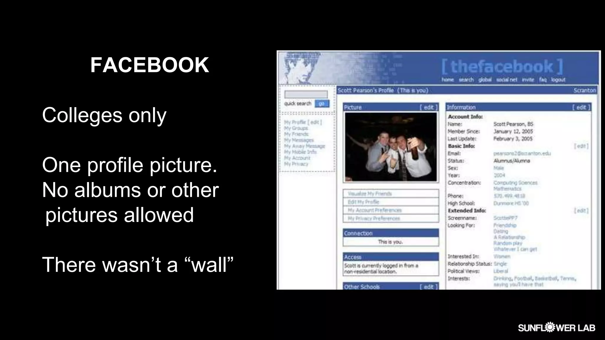 FACEBOOK
Colleges only
One profile picture.
No albums or other
pictures allowed
There wasn’t a “wall”
 