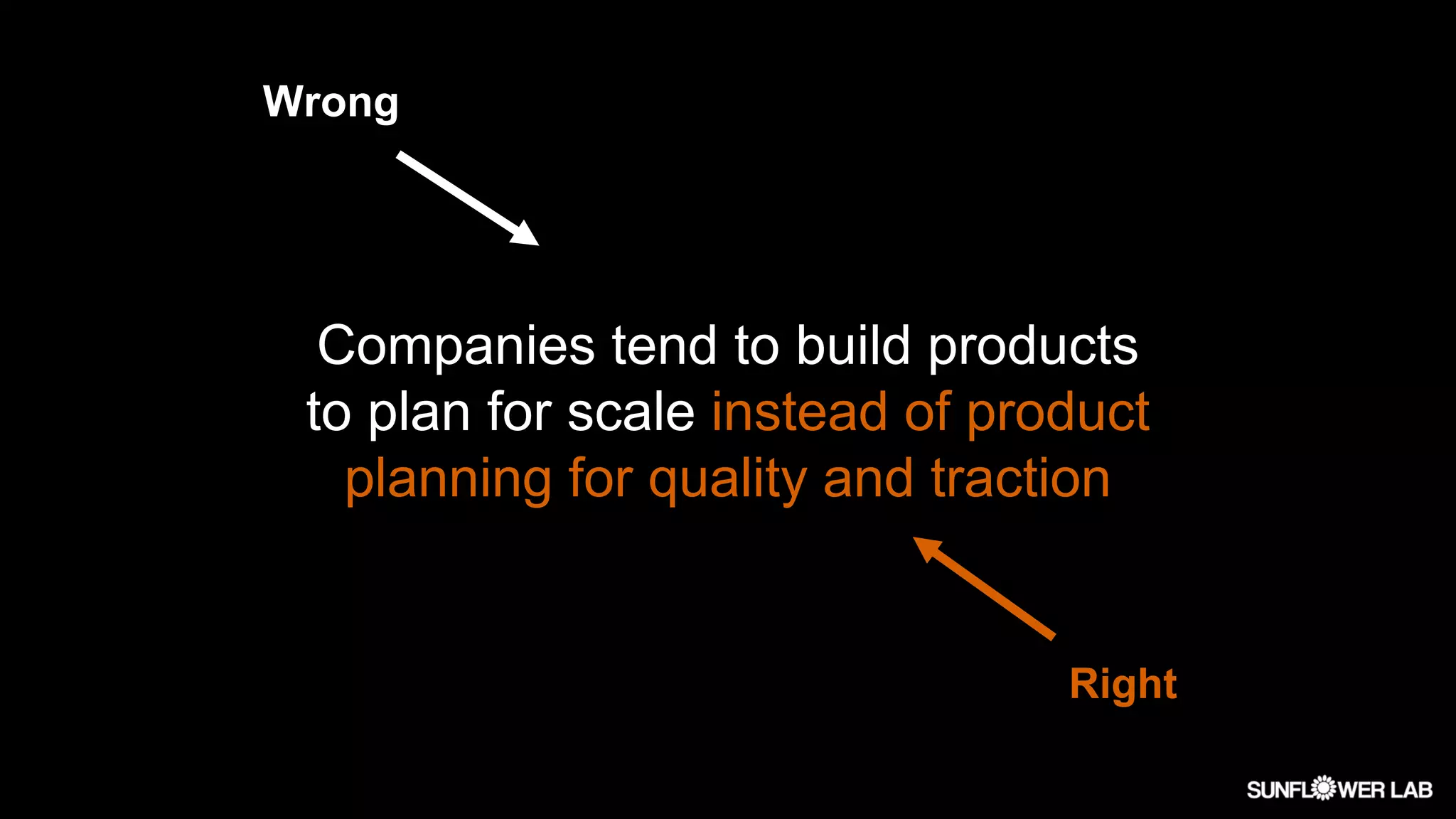 Companies tend to build products
to plan for scale instead of product
planning for quality and traction
Wrong
Right
 