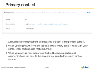 Click Here to Verify
your Login & Primary
E mail ID
1. All business communications and updates are sent to the primary contact.
2. When you register, the system populates the primary contact fields with your name,
email address, and mobile number.
3. When you change your primary contact, all business updates and communications
are sent to the new primary email address and mobile number.
Manage profile- Verify Login & Primary Email ID
 