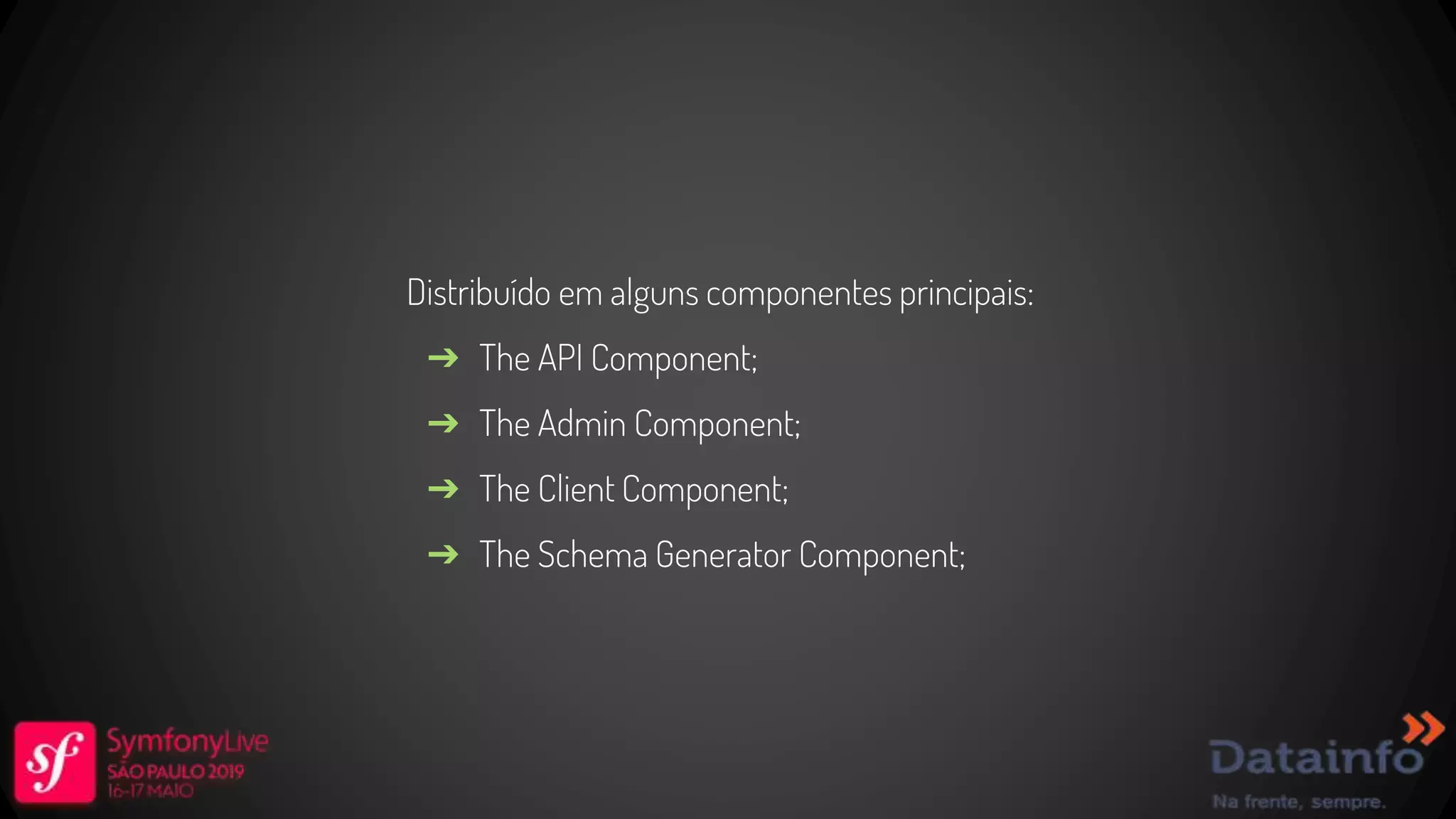 Distribuído em alguns componentes principais: ➔ The API Component; ➔ The Admin Component; ➔ The Client Component; ➔ The Schema Generator Component; 